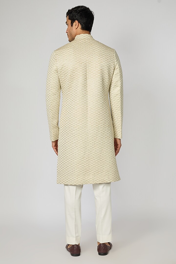 Beige Silk Thread Work Groom Sherwani by Kunal Rawal at Pernia's Pop Up Shop