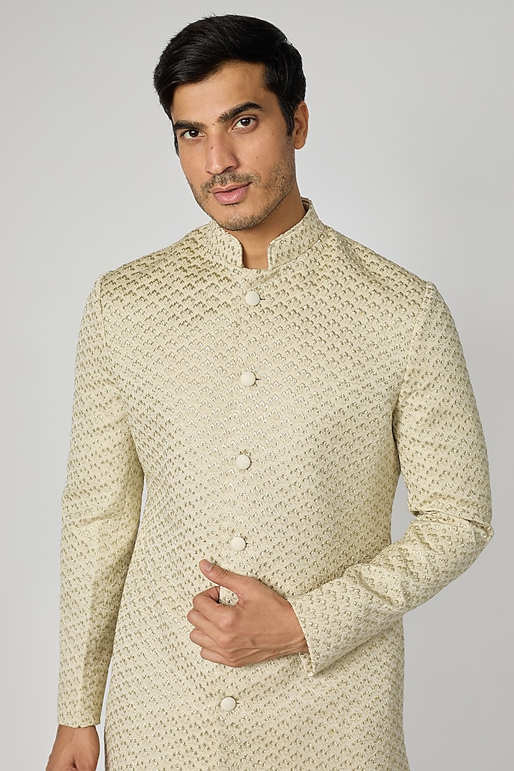 Beige Silk Thread Work Groom Sherwani by Kunal Rawal at Pernia's Pop Up Shop