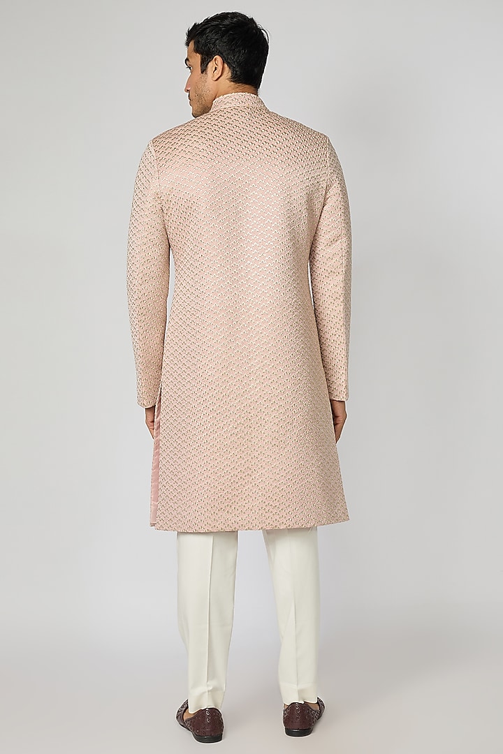 Blush Pink Raw Silk Thread Work Groom Sherwani by Kunal Rawal at Pernia's Pop Up Shop