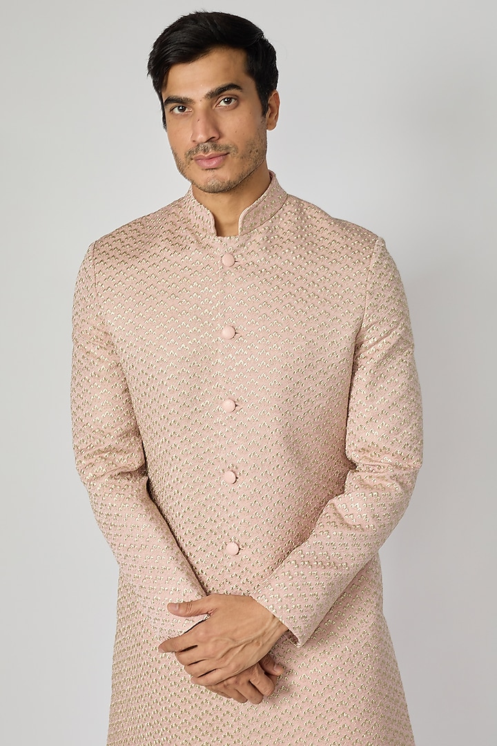 Blush Pink Raw Silk Thread Work Groom Sherwani by Kunal Rawal at Pernia's Pop Up Shop