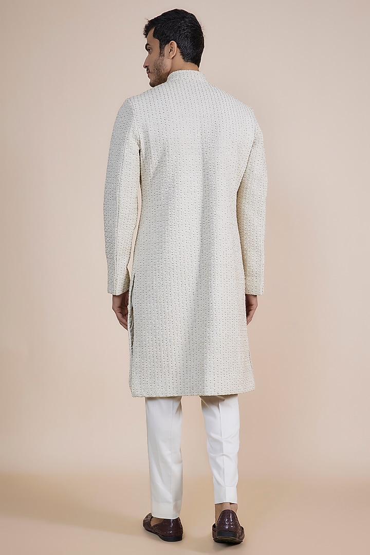 Ivory Blended Silk Embroidered Groom Sherwani by Kunal Rawal at Pernia's Pop Up Shop