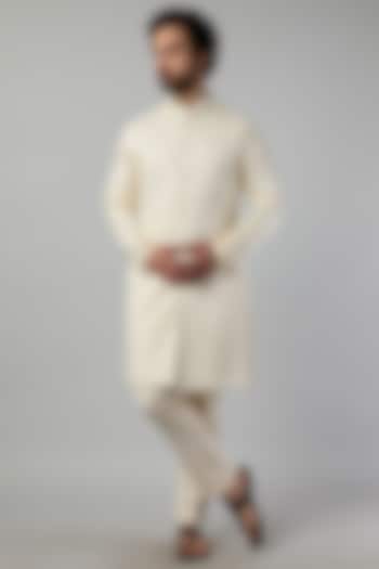 Ivory Linen Satin Embroidered Indowestern Set by Kunal Rawal