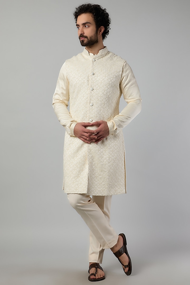 Ivory Linen Satin Embroidered Indowestern Set by Kunal Rawal
