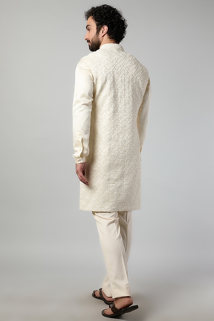 Ivory Linen Satin Embroidered Groom Indowestern Set by Kunal Rawal at Pernia's Pop Up Shop