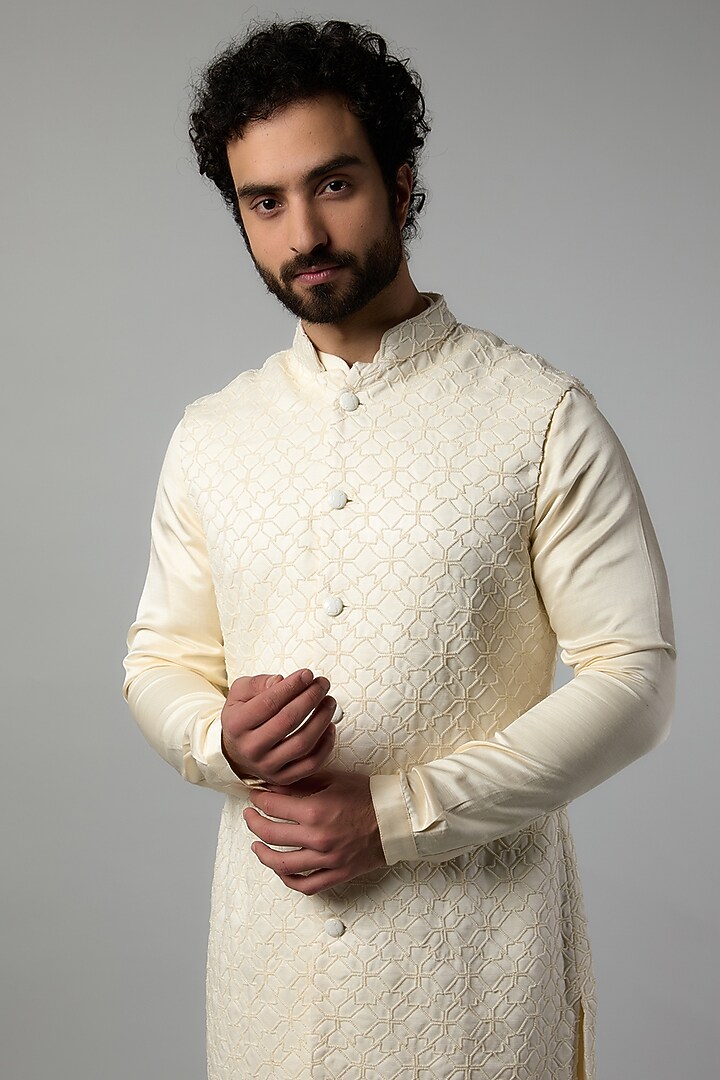 Ivory Linen Satin Embroidered Groom Indowestern Set by Kunal Rawal at Pernia's Pop Up Shop