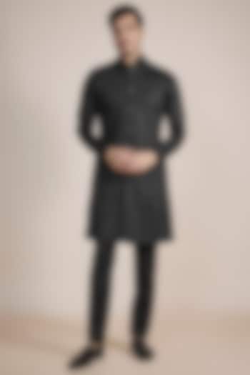 Black Linen Satin Embroidered Indo-Western Set by Kunal Rawal