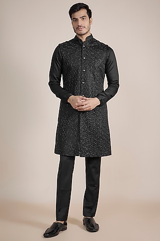 Black Linen Satin Embroidered Indo-Western Set by Kunal Rawal