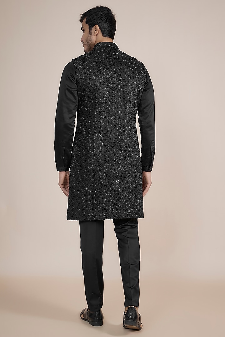 Black Linen Satin Embroidered Indo-Western Set by Kunal Rawal at Pernia's Pop Up Shop