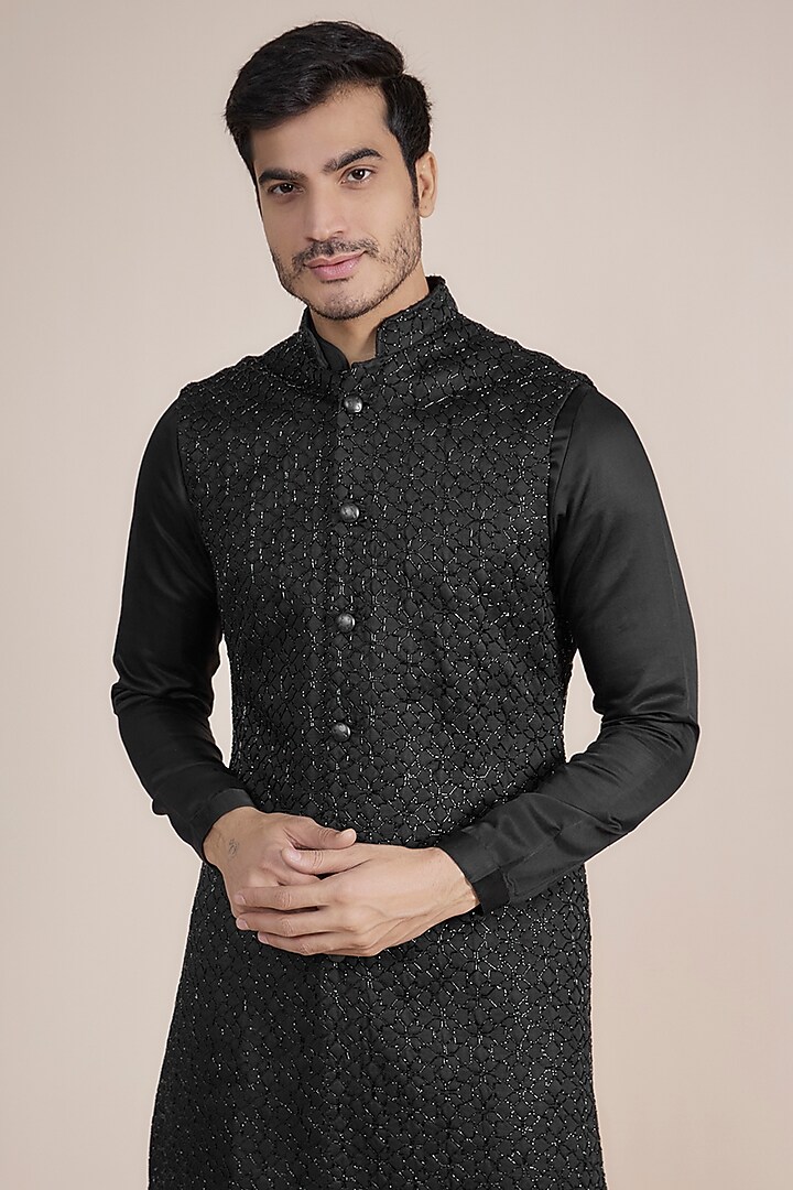 Black Linen Satin Embroidered Indo-Western Set by Kunal Rawal at Pernia's Pop Up Shop