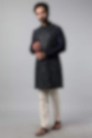 Navy Blue Linen Satin Embroidered Indowestern Set by Kunal Rawal at Pernia's Pop Up Shop