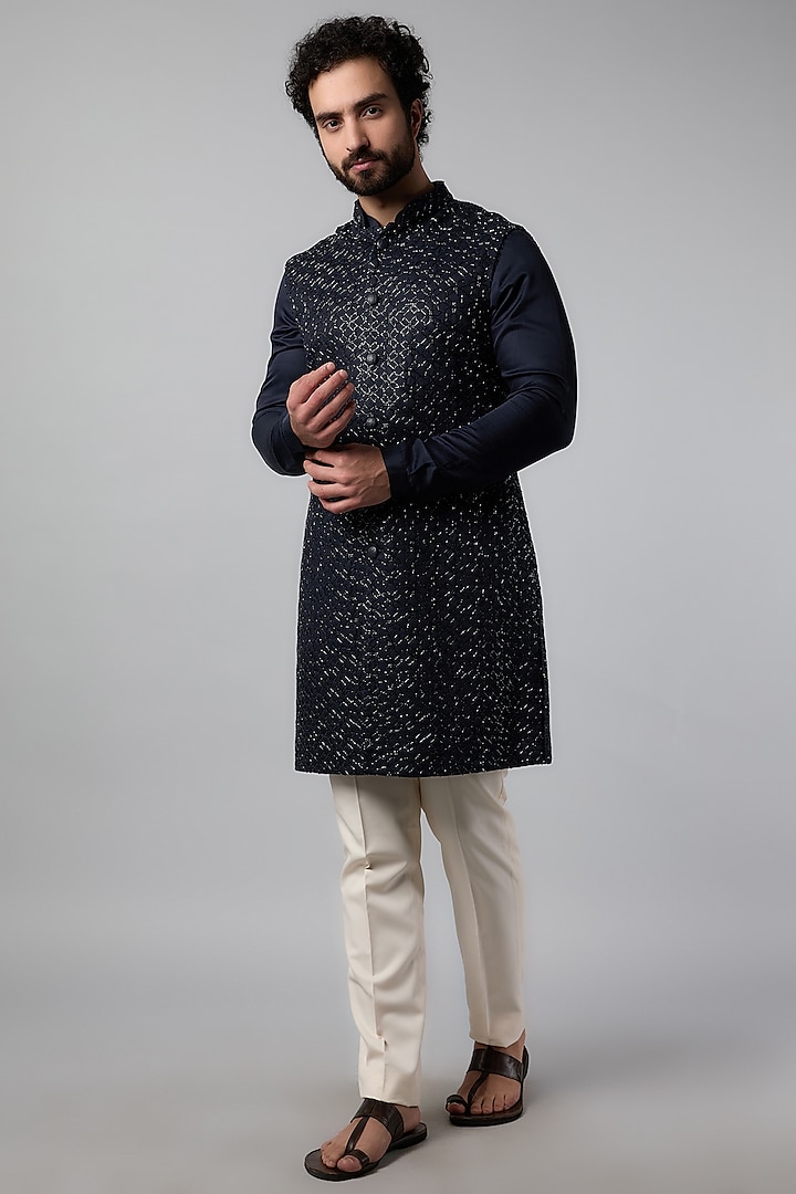 Navy Blue Linen Satin Embroidered Indowestern Set by Kunal Rawal at Pernia's Pop Up Shop