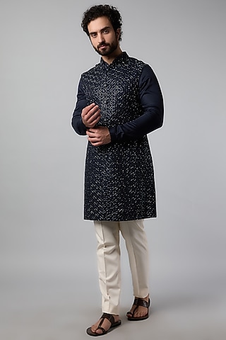 Navy Blue Linen Satin Embroidered Indowestern Set by Kunal Rawal