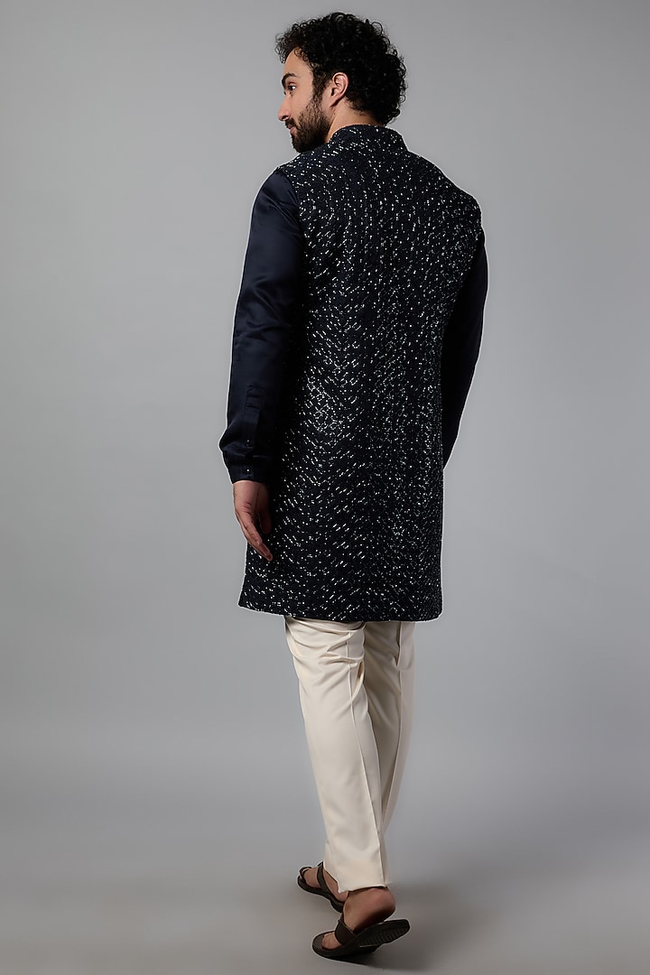 Navy Blue Linen Satin Embroidered Groom Indowestern Set by Kunal Rawal at Pernia's Pop Up Shop