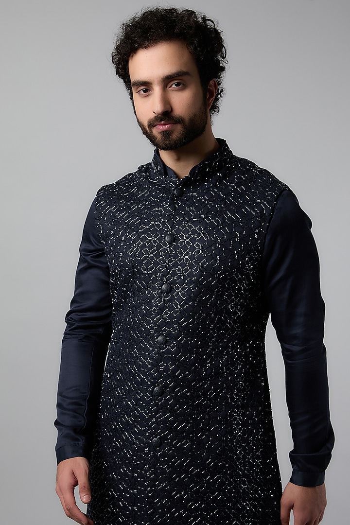 Navy Blue Linen Satin Embroidered Groom Indowestern Set by Kunal Rawal at Pernia's Pop Up Shop