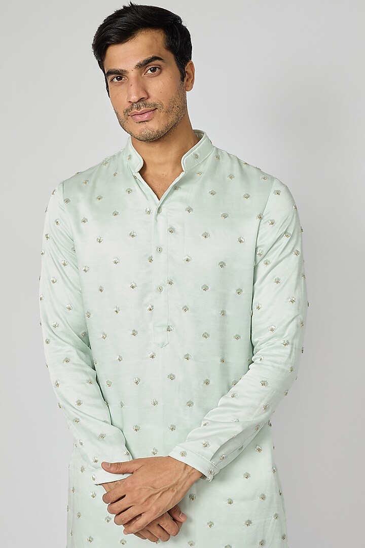 Sage Green Linen Satin Kurta by Kunal Rawal at Pernia's Pop Up Shop