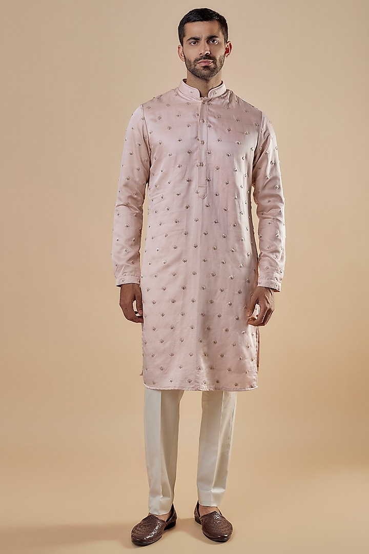 Blush Pink Linen Satin Motifs Embroidered Kurta by Kunal Rawal