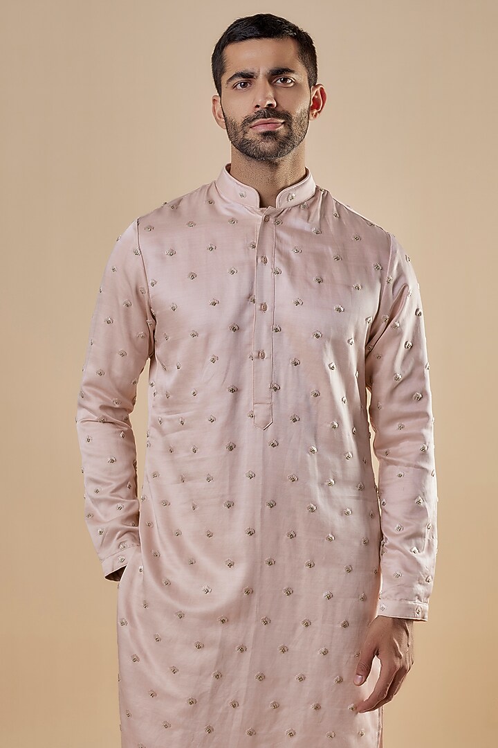 Blush Pink Linen Satin Motifs Embroidered Kurta by Kunal Rawal at Pernia's Pop Up Shop