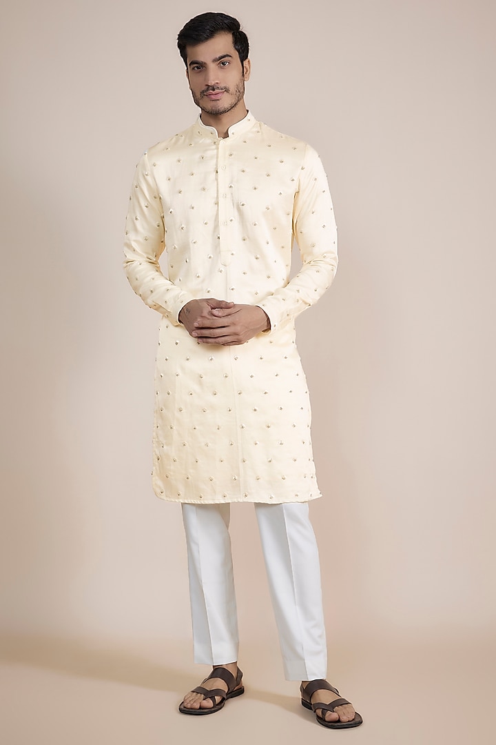 Ivory Linen Satin Embroidered Kurta by Kunal Rawal