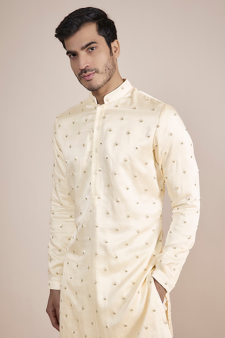 Ivory Linen Satin Embroidered Kurta by Kunal Rawal at Pernia's Pop Up Shop