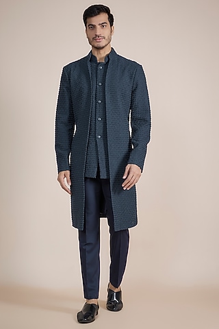 Navy Blue Blended Silk Beads Embroidered Indo-Western Set by Kunal Rawal