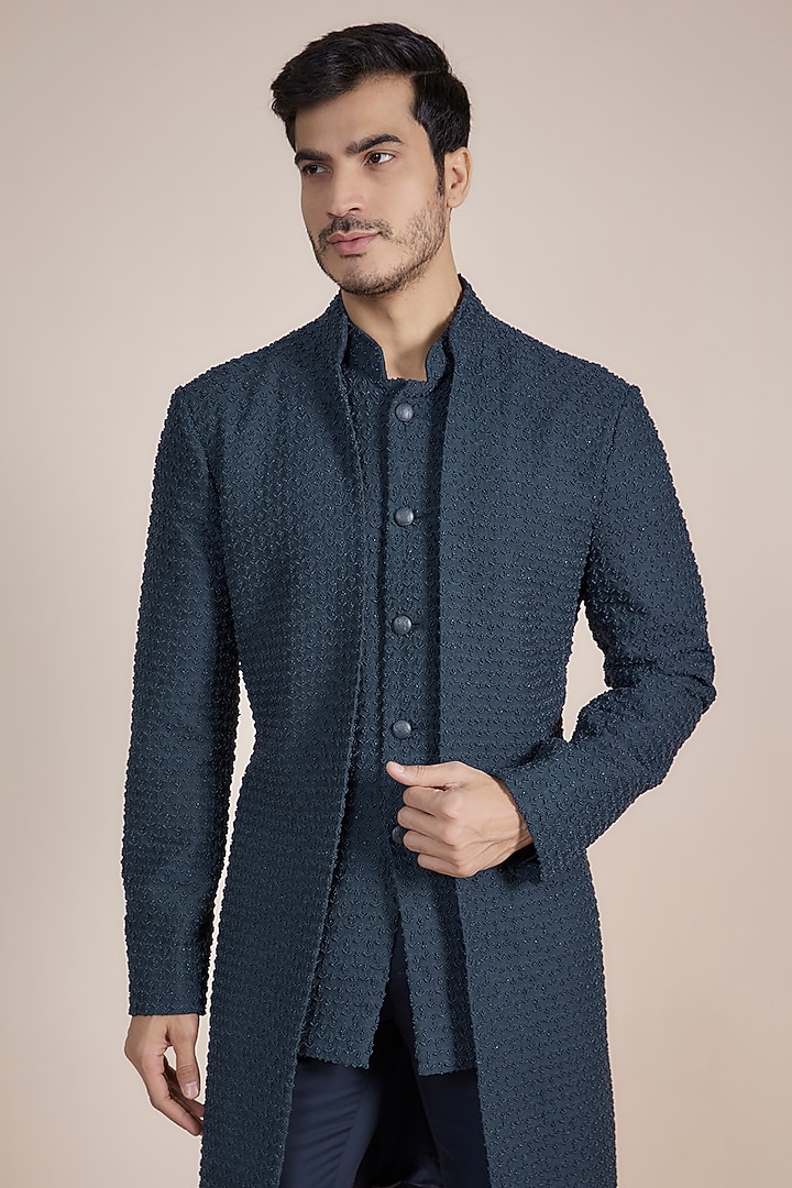 Navy Blue Blended Silk Beads Embroidered Indo-Western Set by Kunal Rawal at Pernia's Pop Up Shop