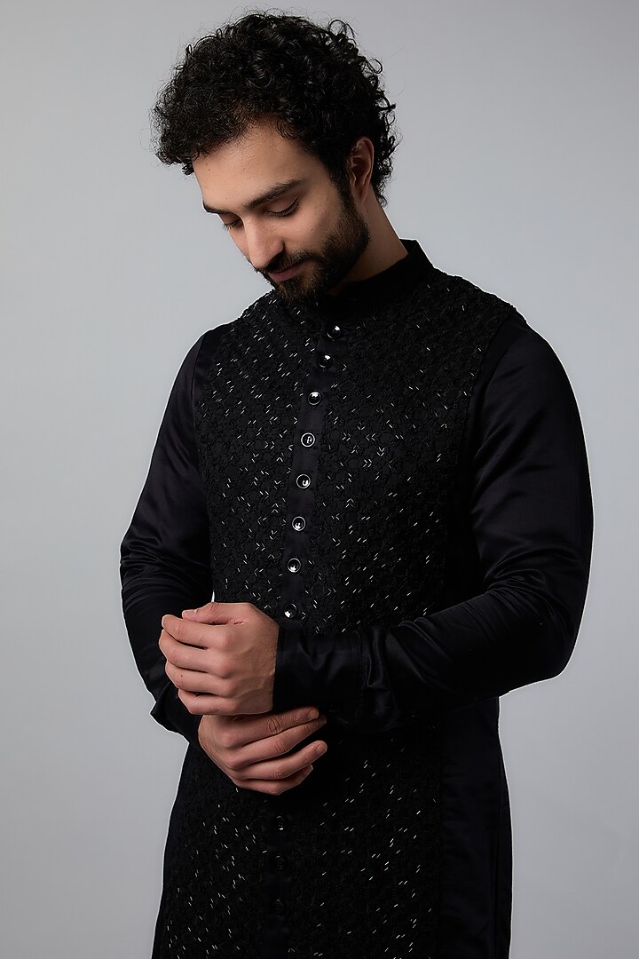 Black Silk Plant Beads Embroidered Kurta by Kunal Rawal at Pernia's Pop Up Shop