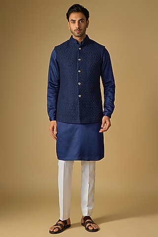 Cobalt Blue Suiting Cutdana Work Bundi Jacket Set by Kunal Rawal