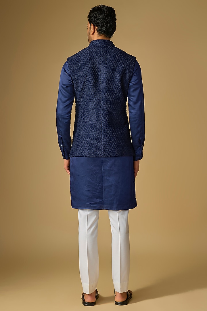 Cobalt Blue Suiting Cutdana Work Bundi Jacket Set by Kunal Rawal at Pernia's Pop Up Shop