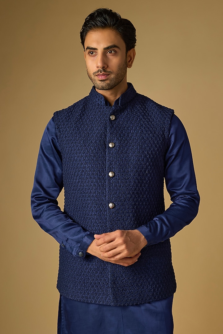 Cobalt Blue Suiting Cutdana Work Bundi Jacket Set by Kunal Rawal at Pernia's Pop Up Shop