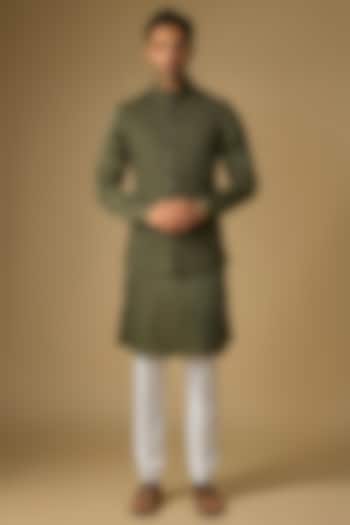 Washed Olive Suiting Cutdana Work Bundi Jacket Set by Kunal Rawal at Pernia's Pop Up Shop