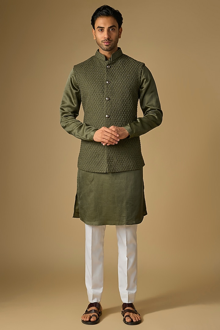 Washed Olive Suiting Cutdana Work Bundi Jacket Set by Kunal Rawal at Pernia's Pop Up Shop
