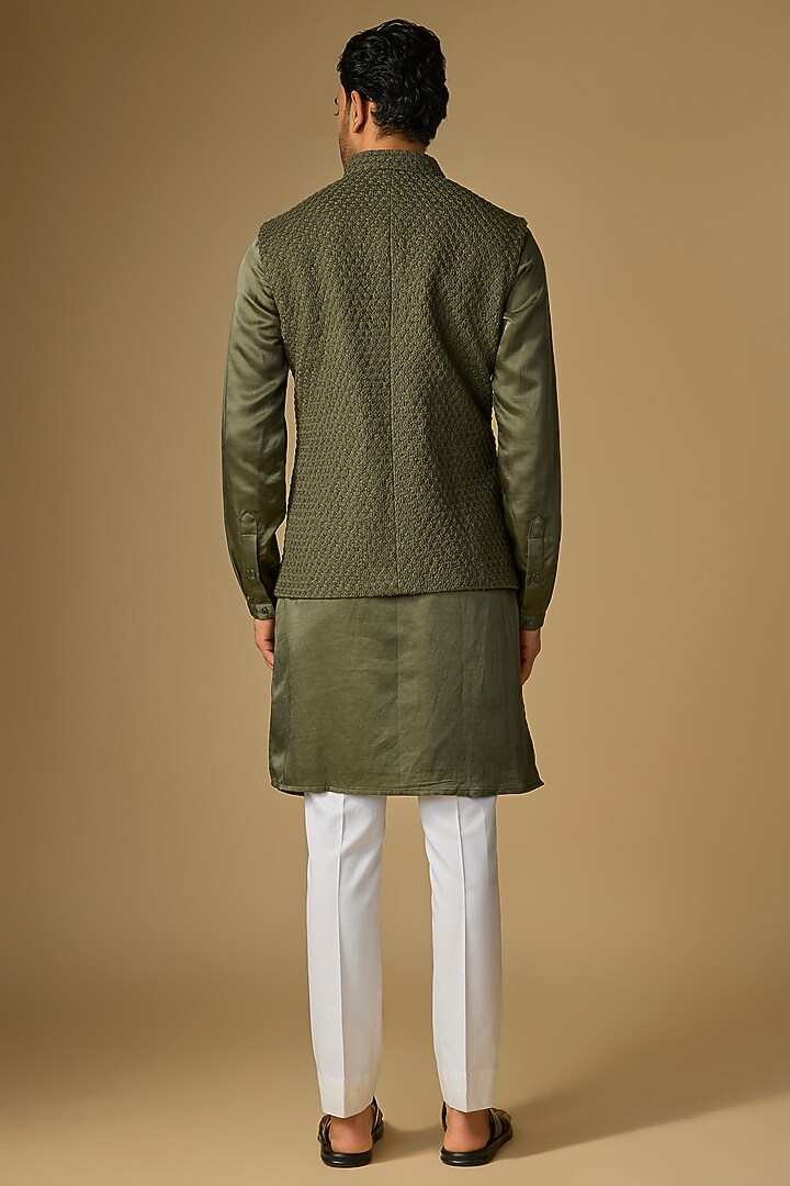 Washed Olive Suiting Cutdana Work Bundi Jacket Set by Kunal Rawal at Pernia's Pop Up Shop
