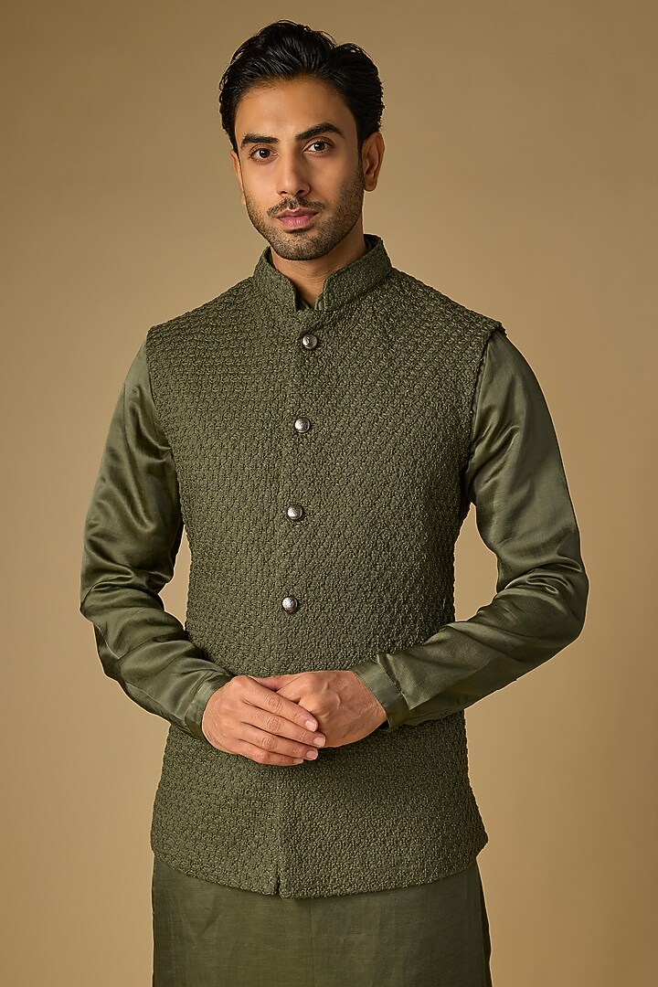 Washed Olive Suiting Cutdana Work Bundi Jacket Set by Kunal Rawal at Pernia's Pop Up Shop