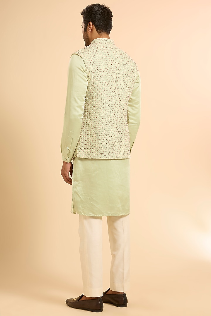 Mint Green Blended Silk Nehru Jacket Set by Kunal Rawal at Pernia's Pop Up Shop