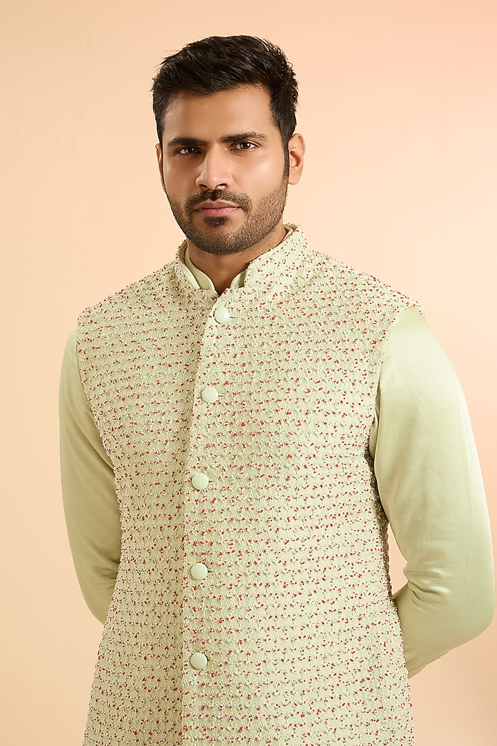 Mint Green Blended Silk Nehru Jacket Set by Kunal Rawal at Pernia's Pop Up Shop