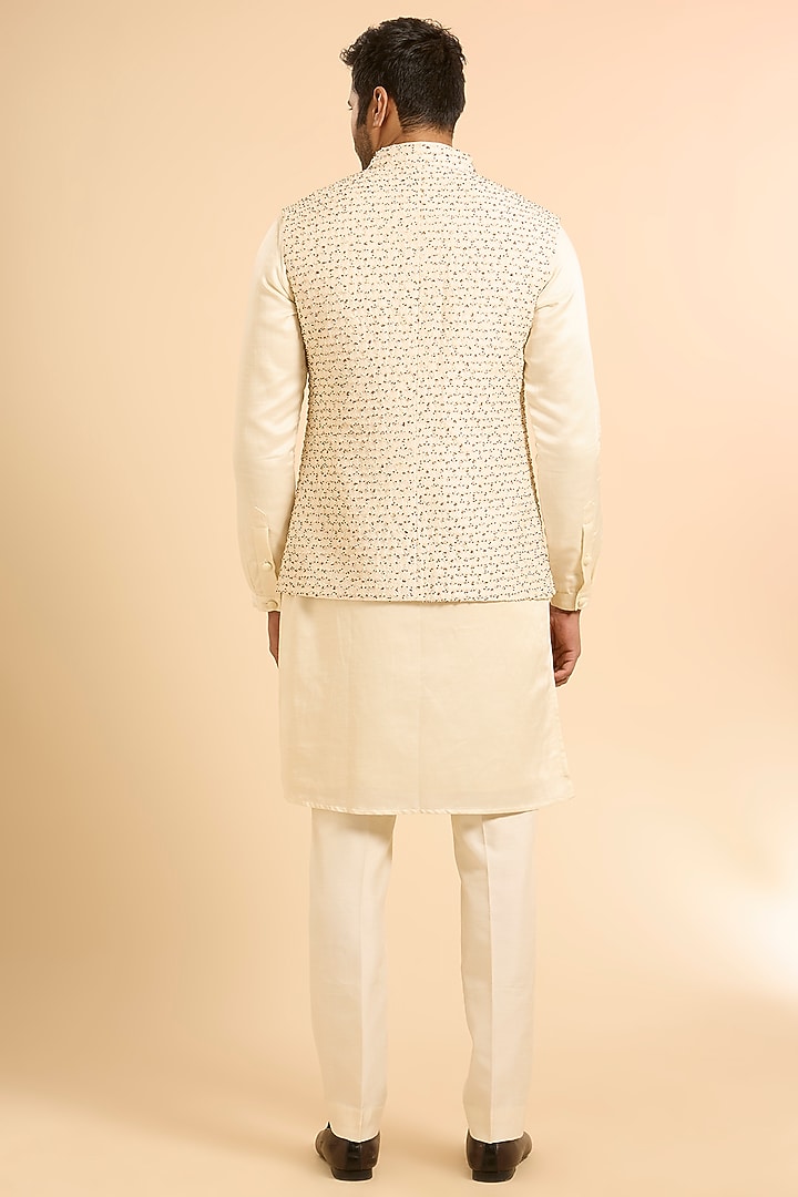 Vanilla-Colored Blended Silk Nehru Jacket Set by Kunal Rawal at Pernia's Pop Up Shop