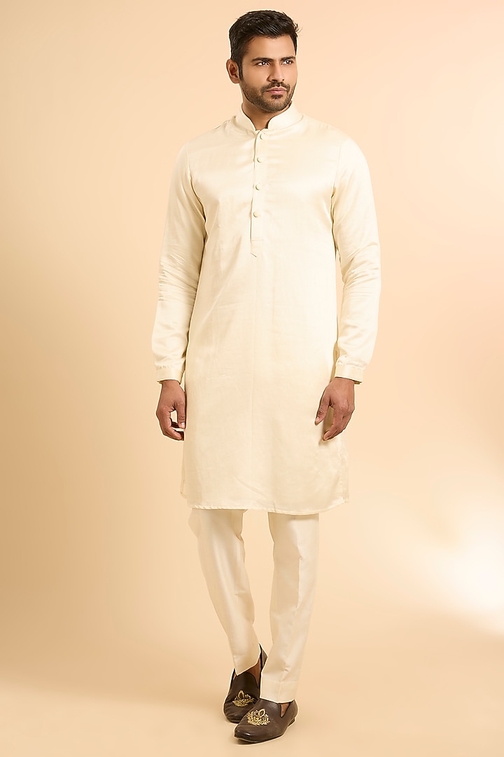 Vanilla-Colored Blended Silk Nehru Jacket Set by Kunal Rawal at Pernia's Pop Up Shop