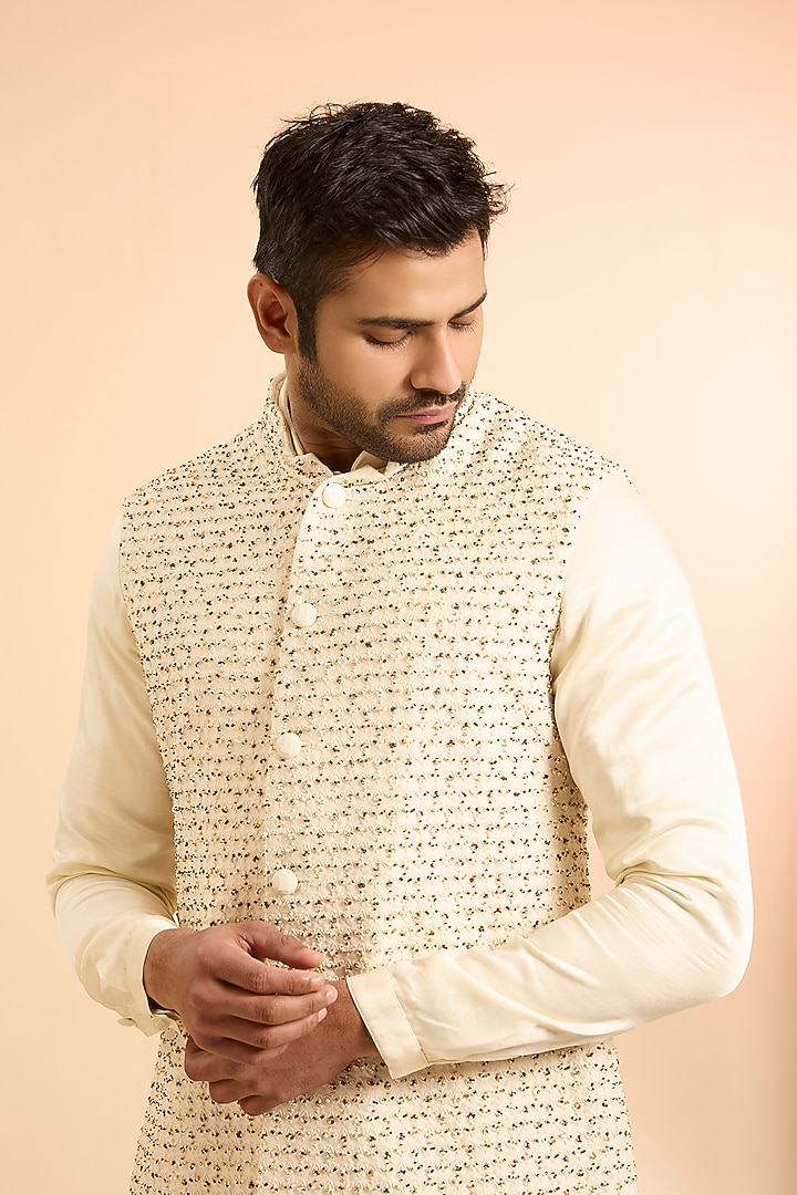 Vanilla-Colored Blended Silk Nehru Jacket Set by Kunal Rawal at Pernia's Pop Up Shop