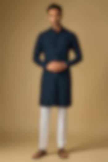 Navy Blue Silk Beads Embroidered Kurta by Kunal Rawal at Pernia's Pop Up Shop