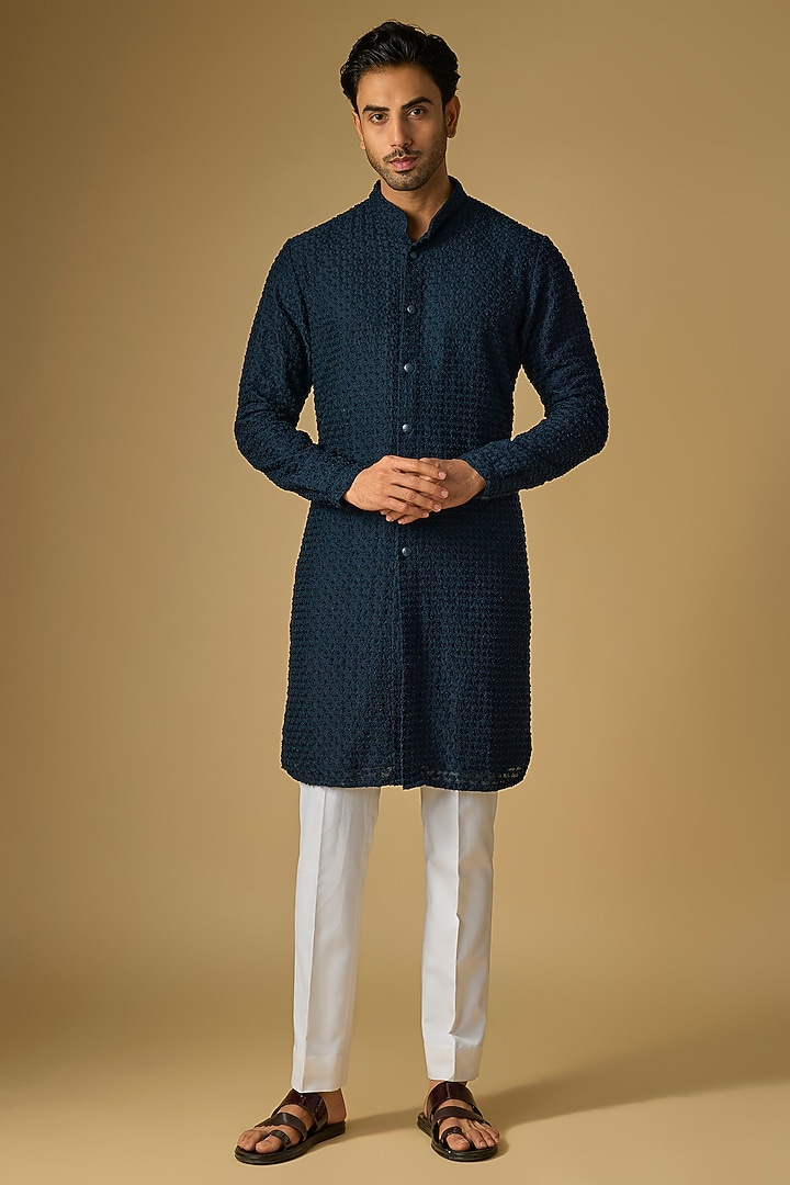 Navy Blue Silk Beads Embroidered Kurta by Kunal Rawal at Pernia's Pop Up Shop