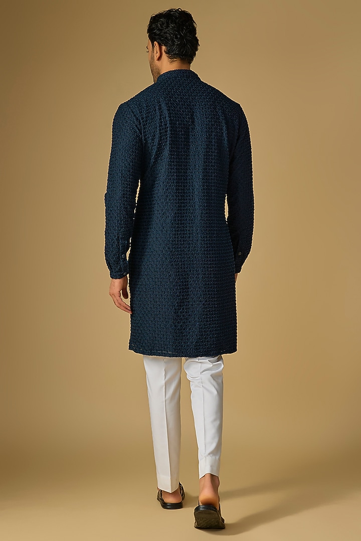 Navy Blue Silk Beads Embroidered Kurta by Kunal Rawal at Pernia's Pop Up Shop
