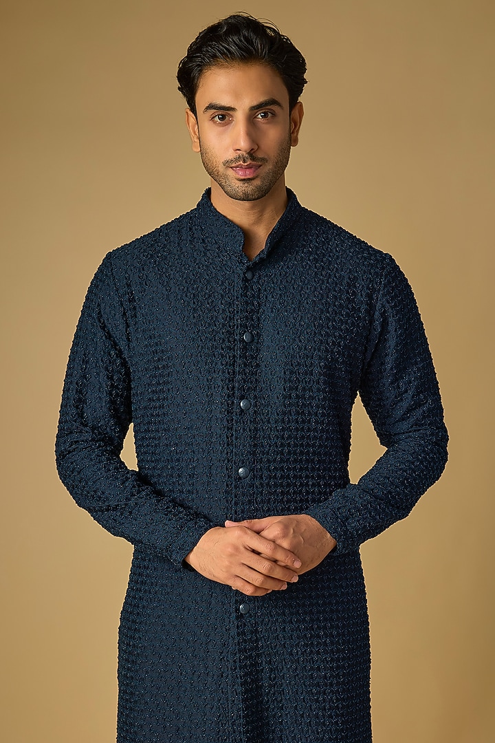 Navy Blue Silk Beads Embroidered Kurta by Kunal Rawal at Pernia's Pop Up Shop