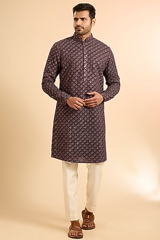 Wine Blended Silk Kurta by Kunal Rawal