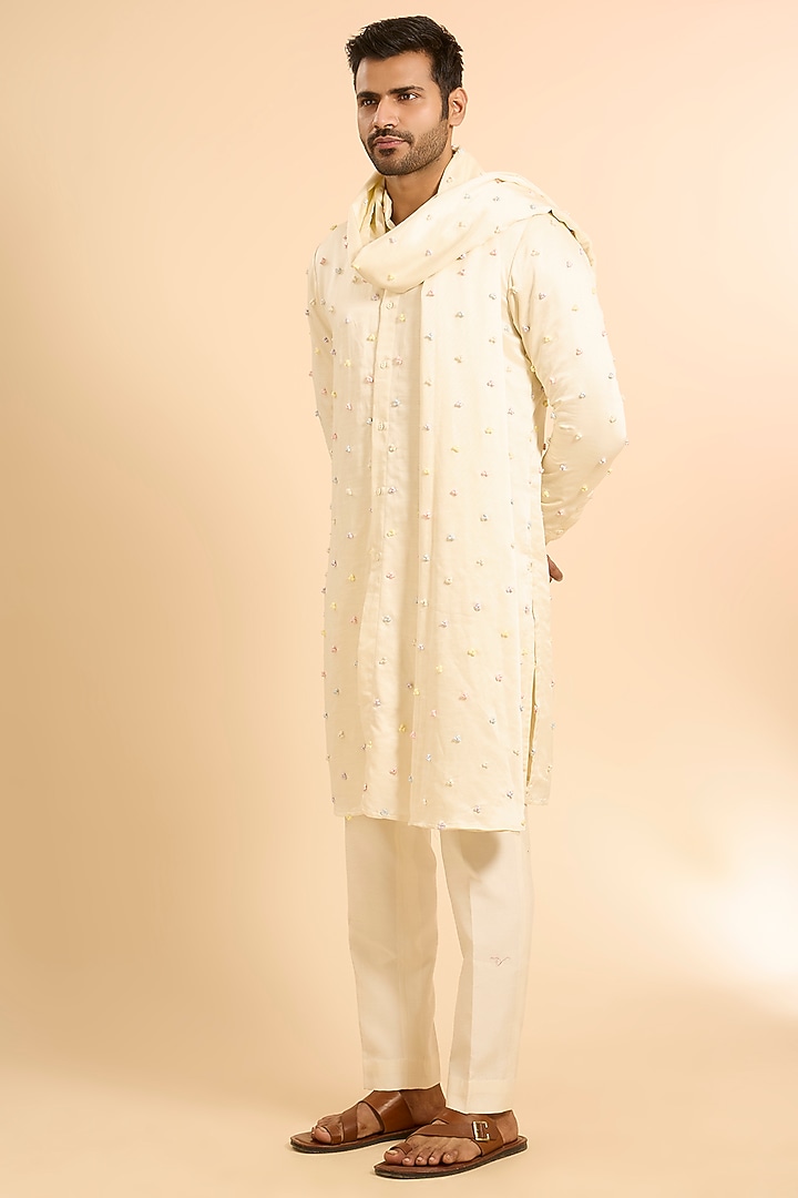 Vanilla-Colored Linen Satin Kurta With Dupatta by Kunal Rawal at Pernia's Pop Up Shop