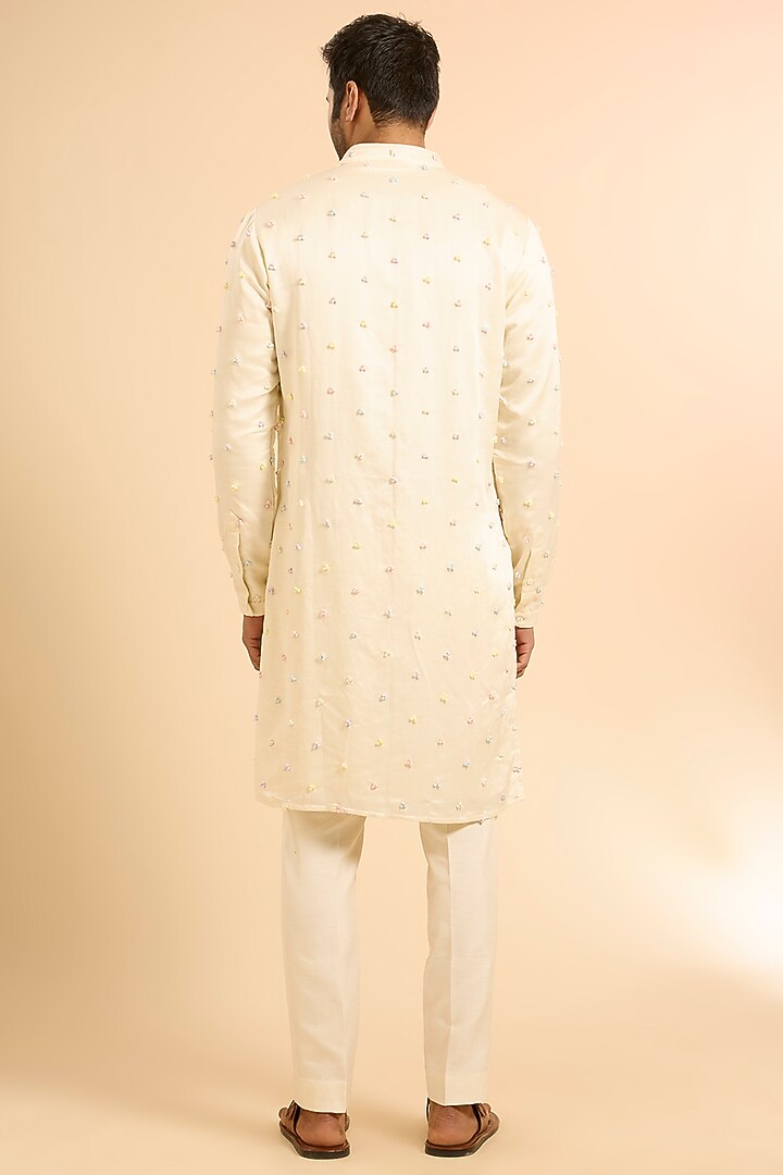 Vanilla-Colored Linen Satin Kurta With Dupatta by Kunal Rawal at Pernia's Pop Up Shop