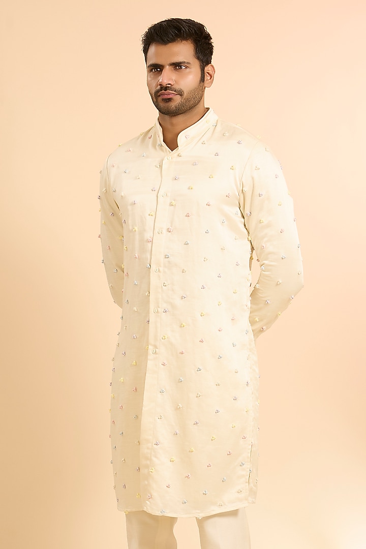 Vanilla-Colored Linen Satin Kurta With Dupatta by Kunal Rawal at Pernia's Pop Up Shop