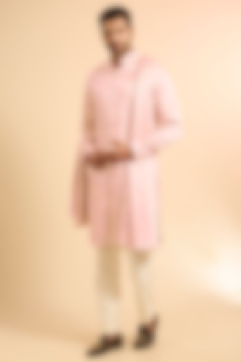 Blush Pink Linen Satin Kurta With Dupatta by Kunal Rawal at Pernia's Pop Up Shop