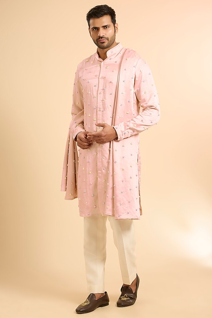 Blush Pink Linen Satin Kurta With Dupatta by Kunal Rawal at Pernia's Pop Up Shop