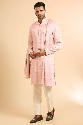 Blush Pink Linen Satin Kurta With Dupatta by Kunal Rawal