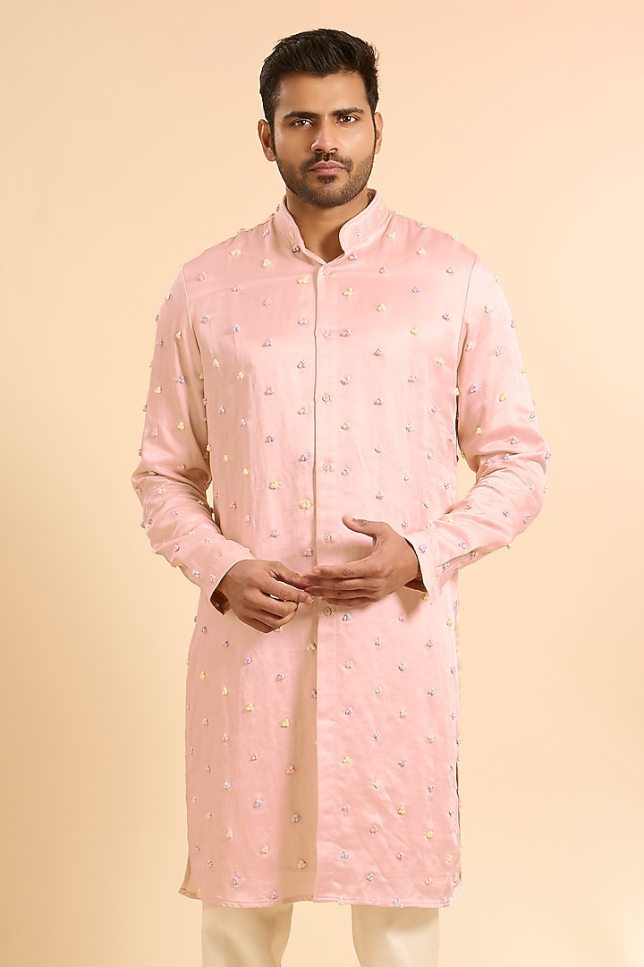 Blush Pink Linen Satin Kurta With Dupatta by Kunal Rawal at Pernia's Pop Up Shop